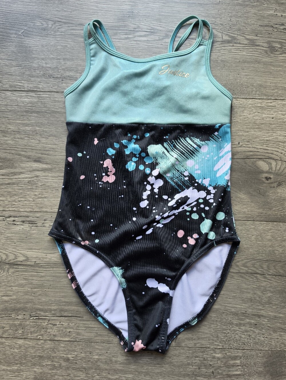 ☀️ Justice Girls Teal Black Splash-Print One-Piece Swimsuit